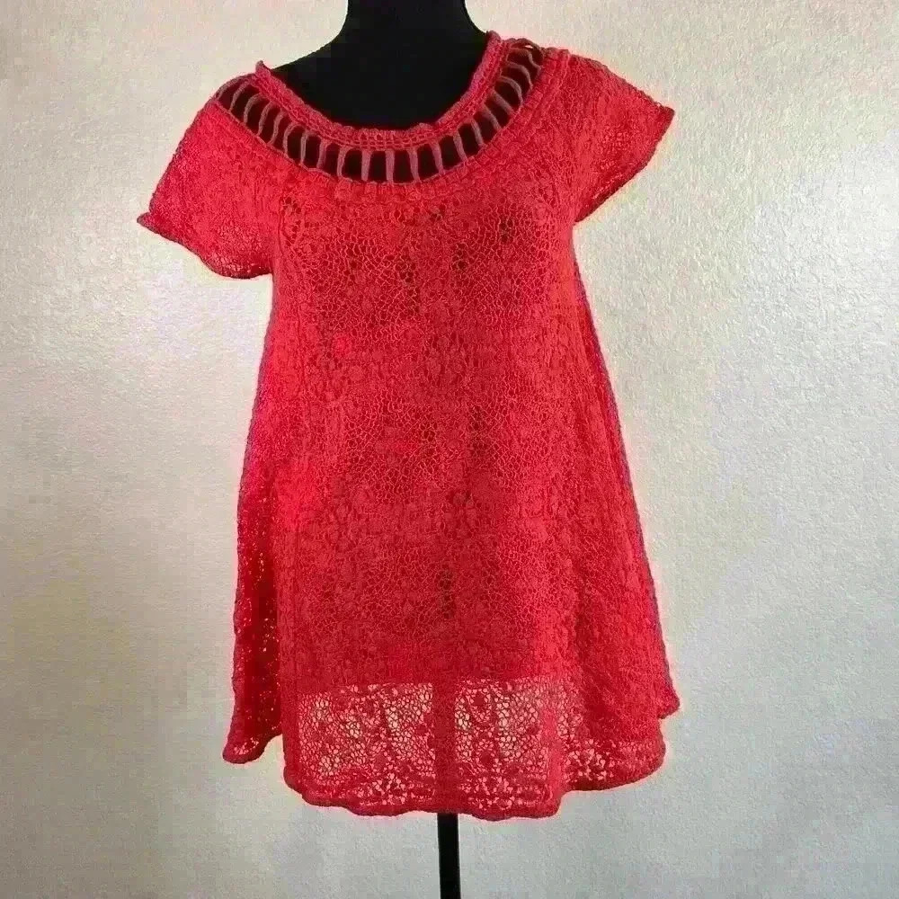 Free People Holy mountain crochet knit dress tunic cover-up Red Women size XS